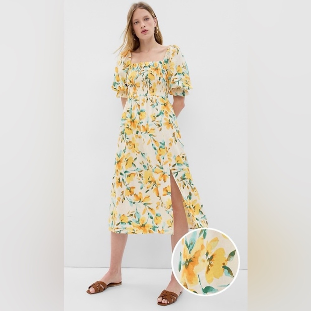 GAP Linen-Blend Puff Sleeve Midi Dress